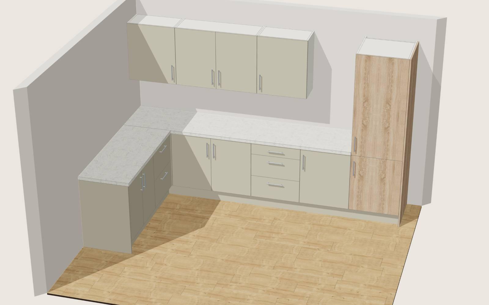The Cabbly room designer showing an L-shaped kitchen in 3D, with the unit list on the left